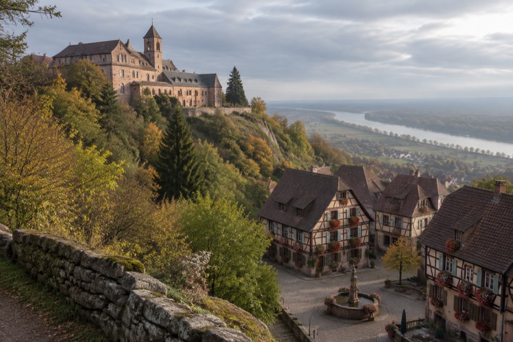 A half-timbered town square with flower-decked facades and a fountain in an Alsatian wine village