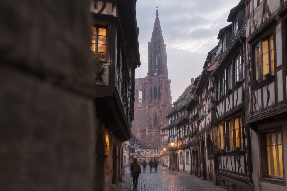 A cobbled lane of leaning half-timbered houses in the old quarter of Strasbourg at dusk with warm window light