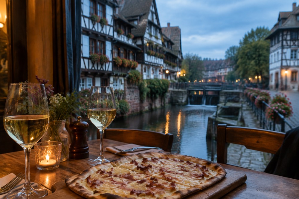 A wooden winstub table set with glasses of white wine and a tarte flambée in an Alsatian dining room