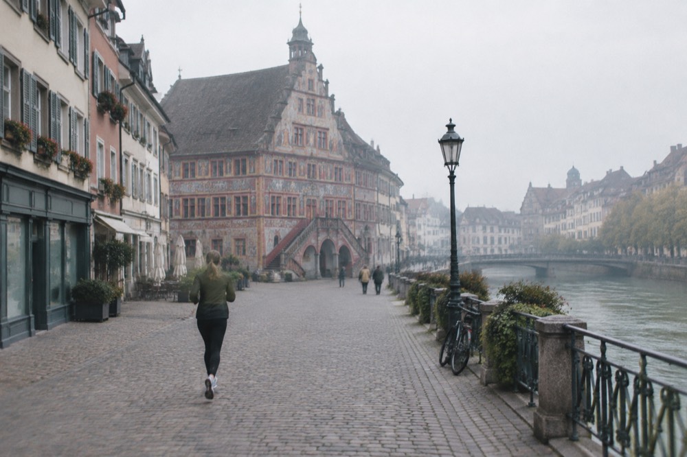 A quiet old town street with decorated shopfronts on an overcast day