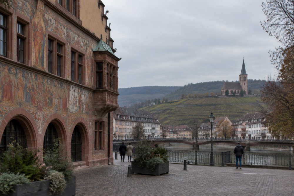 Vineyard slopes with a village church tower in the Alsace countryside