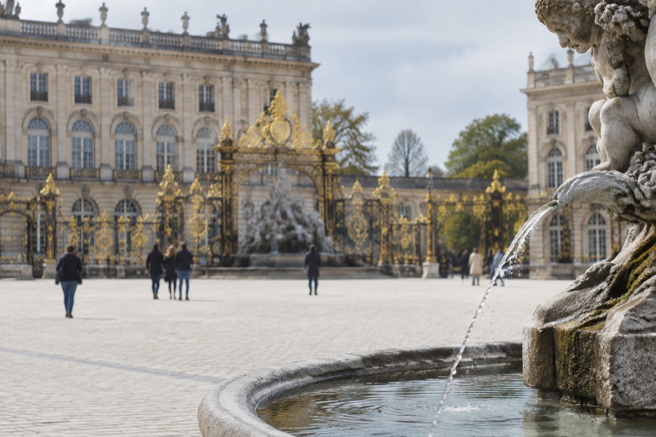 A grand classical square with gilded wrought iron gates and fountains under a clear sky