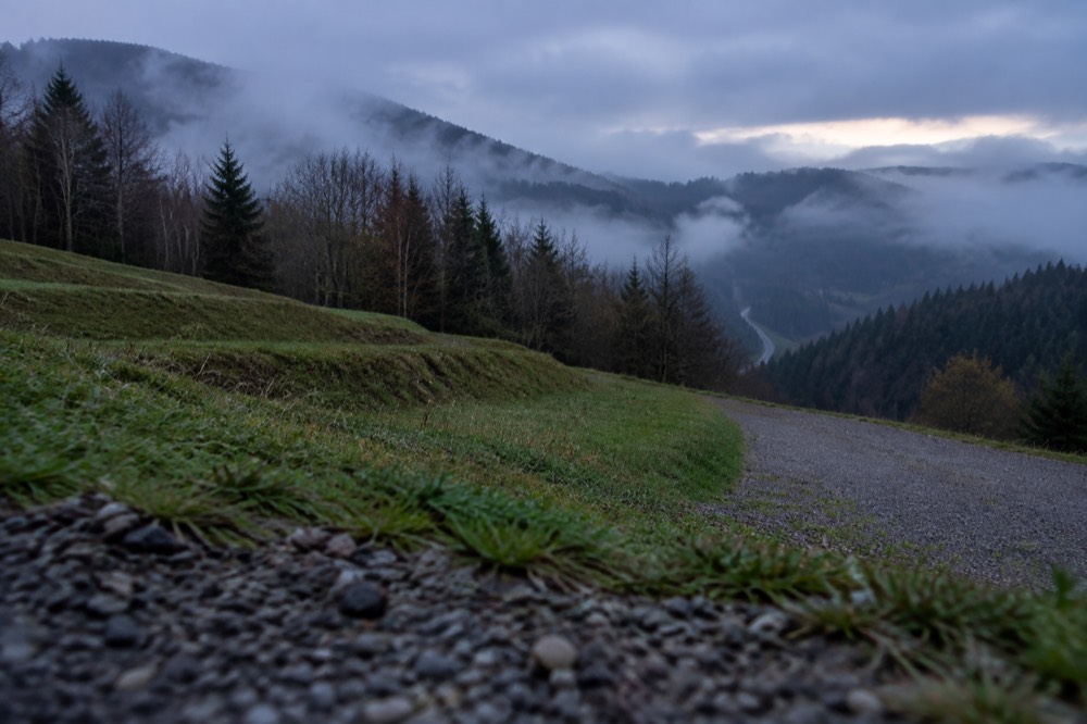 Low cloud drifting over forested mountain slopes with a narrow road visible below