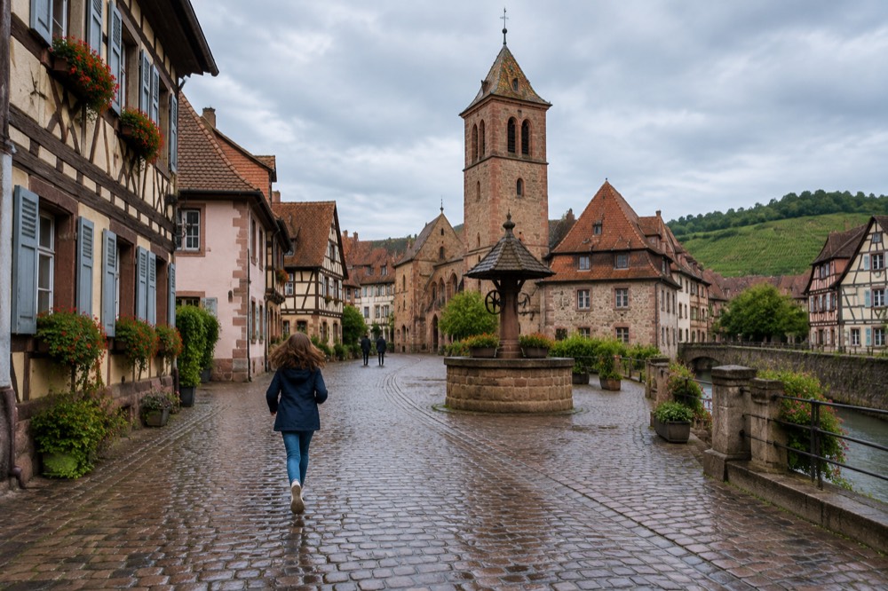A stone belfry tower rising above red-tiled roofs of an old Alsatian town