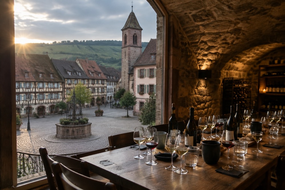 A long table set for a wine tasting with glasses and bottles in a vaulted cellar