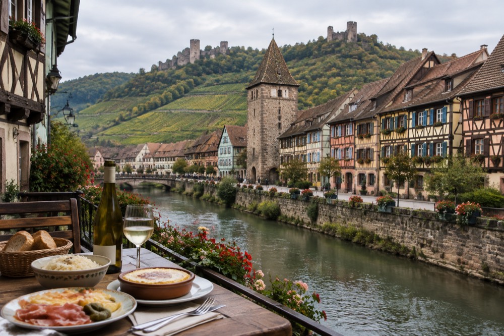 Restaurant table with a bottle of white wine and Alsatian dishes