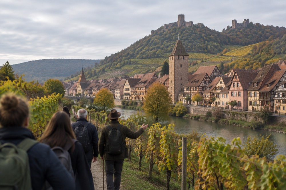 Small group of travellers walking a vineyard path with a guide