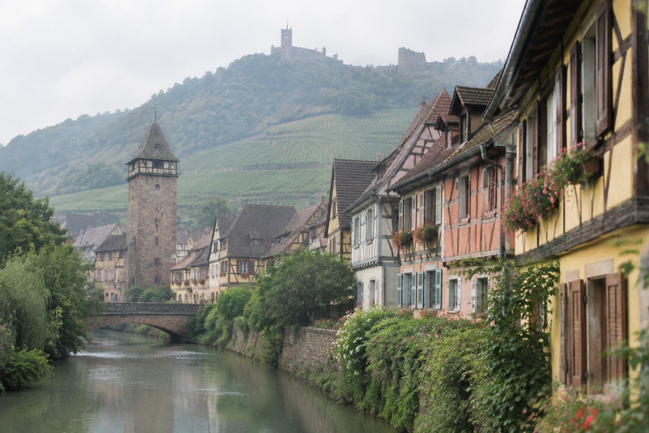Half-timbered wine village houses beneath vineyard slopes in Alsace