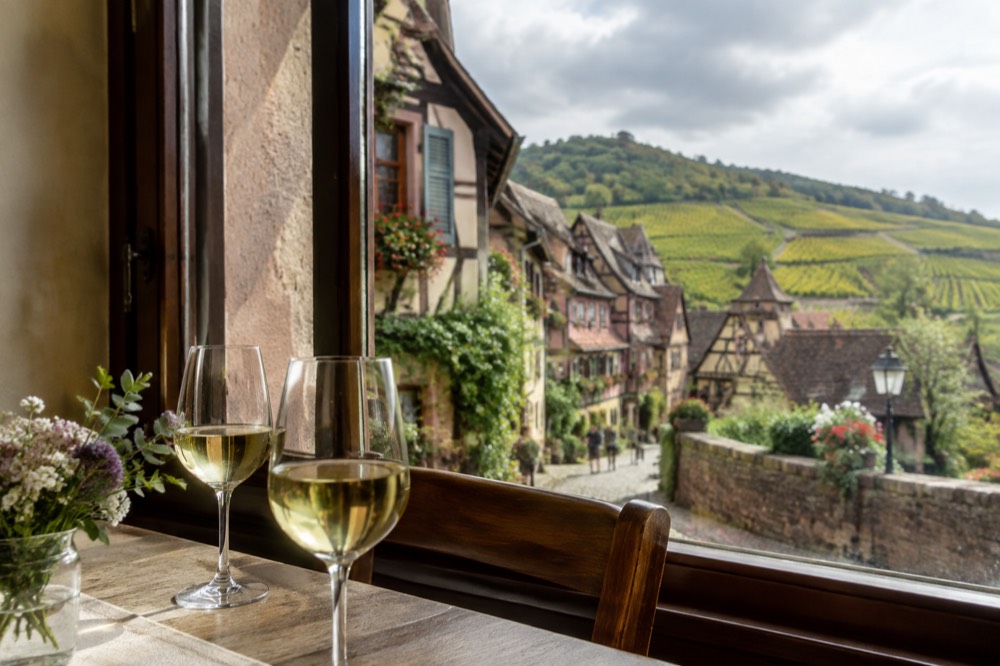 A table with white wine glasses set beside a window overlooking vineyards