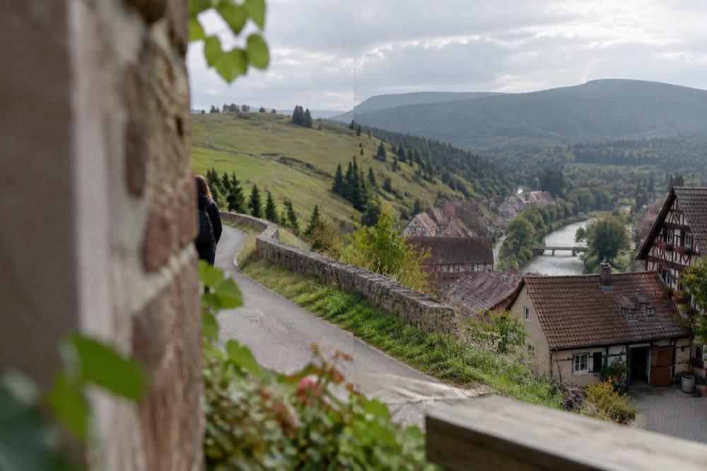 A half-timbered wine village square with flower-decked facades and an open cellar door