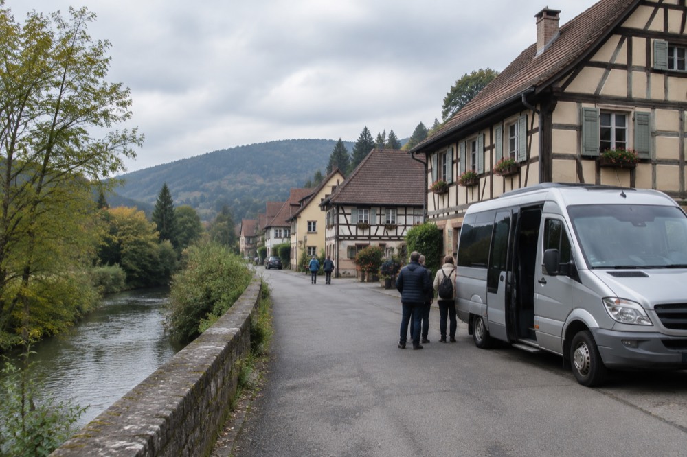 A tour minibus parked on a village street with half-timbered houses behind