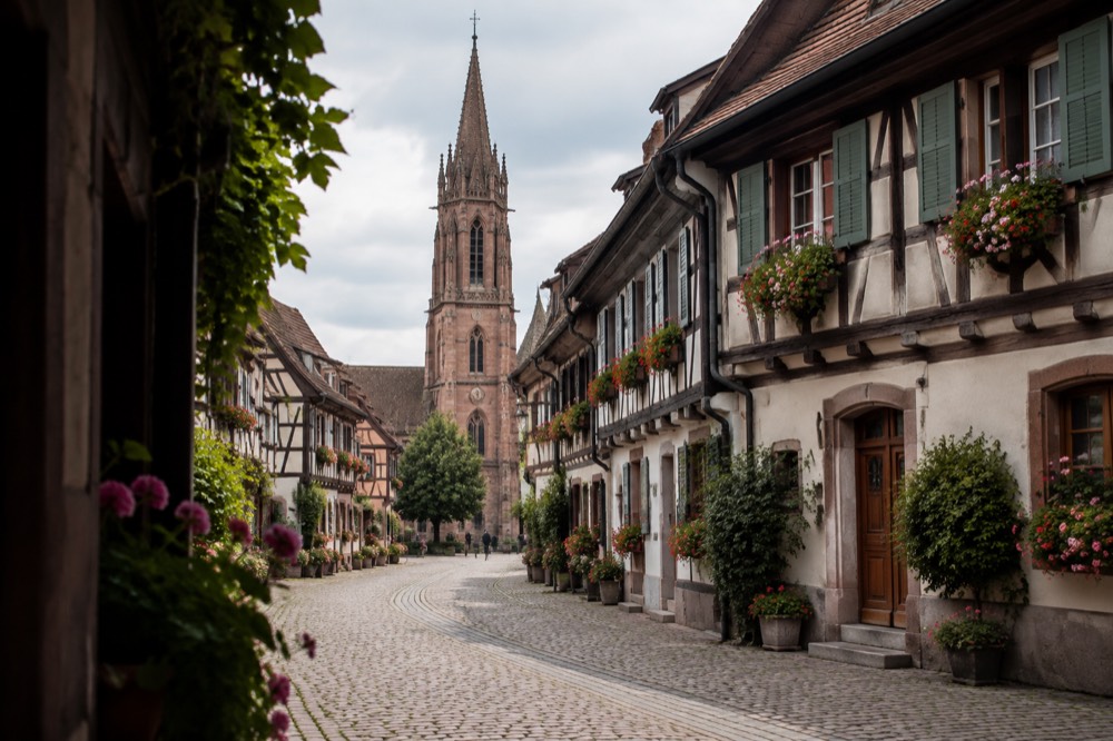 Half-timbered houses lining a quiet cobbled street in the old town of Sélestat, with colourful flower boxes and a church spire in the distance