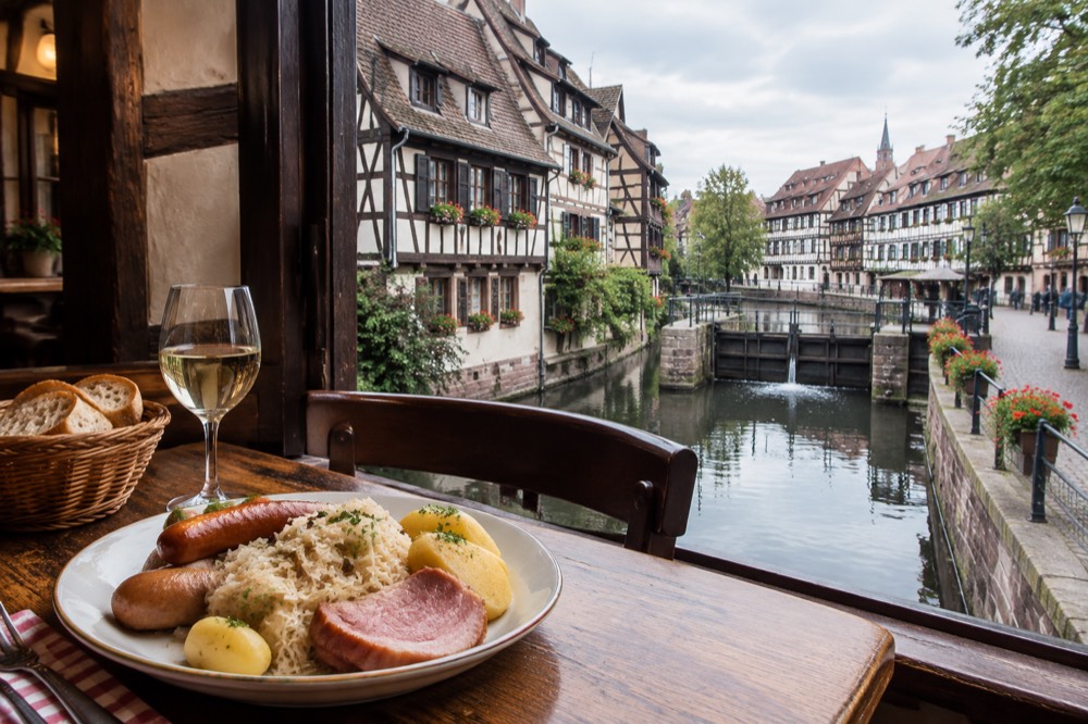 A table in a Sélestat winstub set with a plate of choucroute garnie, a glass of Riesling and a basket of bread, with half-timbered walls in the background