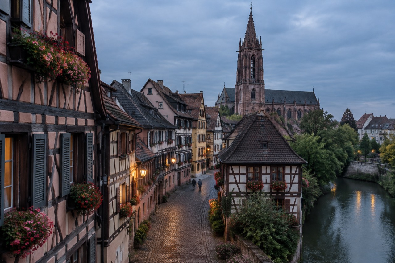 Half-timbered houses lining a quiet cobbled street in the old town of Sélestat, with colourful flower boxes and a church spire in the distance