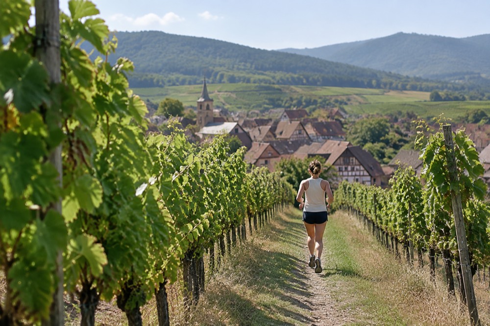 A vineyard hillside in Alsace, France, under a clear sky in late summer