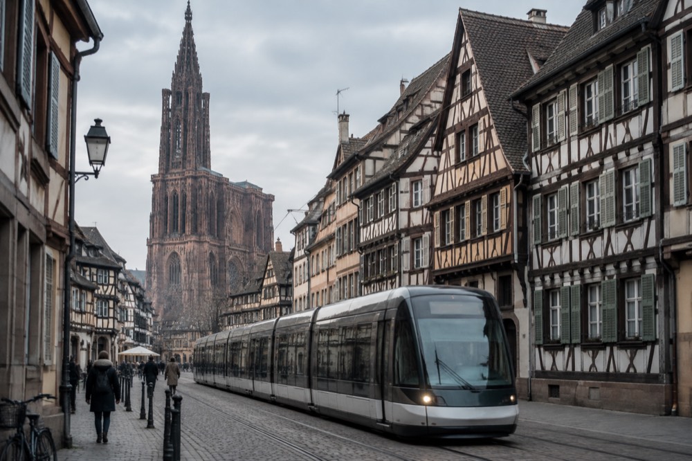 A tram passing half-timbered buildings on a street in Strasbourg, France