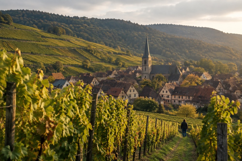 Vineyard rows on hillsides above an Alsatian village with a church spire