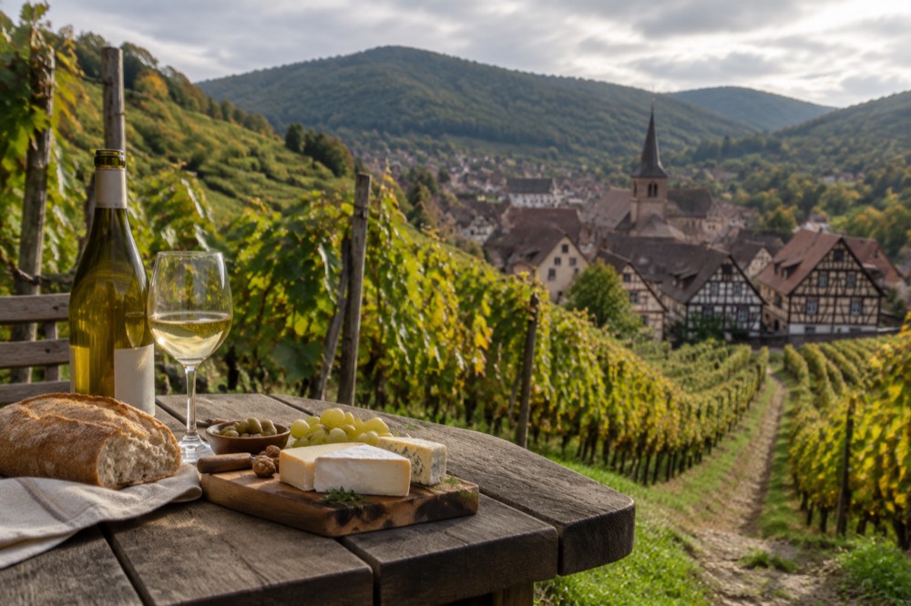 A table set with a bottle of white wine, bread and a cheese board