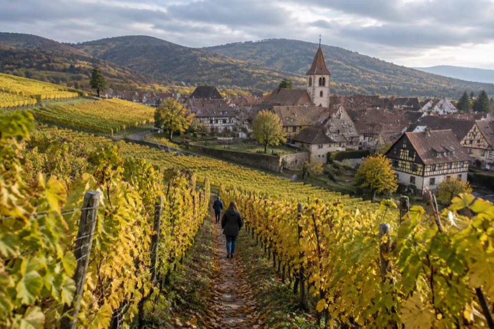Golden vineyard rows in autumn light with a village tower behind
