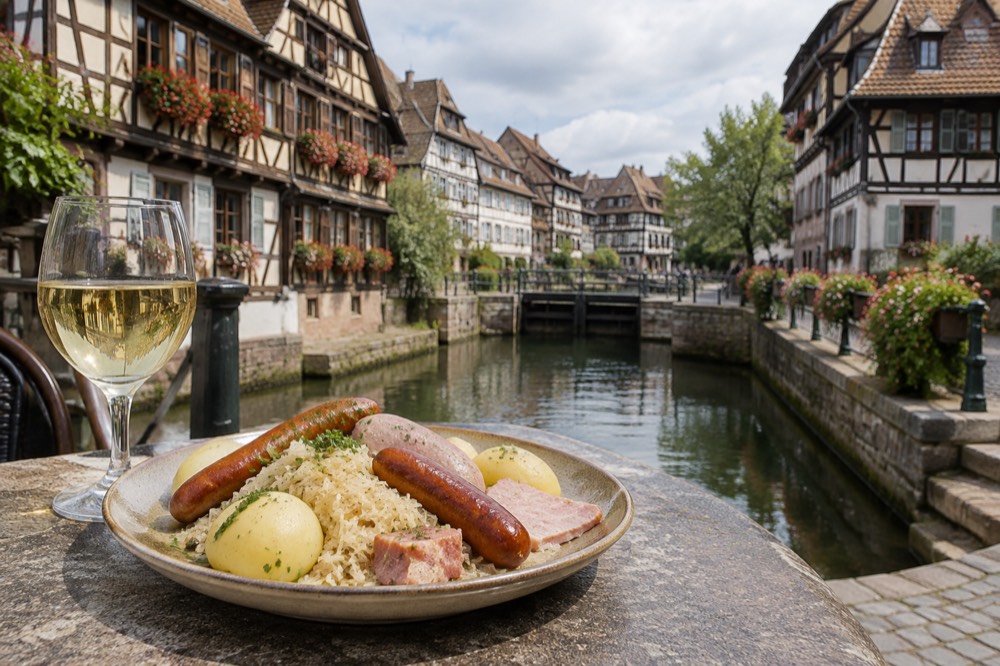 A plate of choucroute garnie beside a glass of Alsatian white wine on a stoneware plate