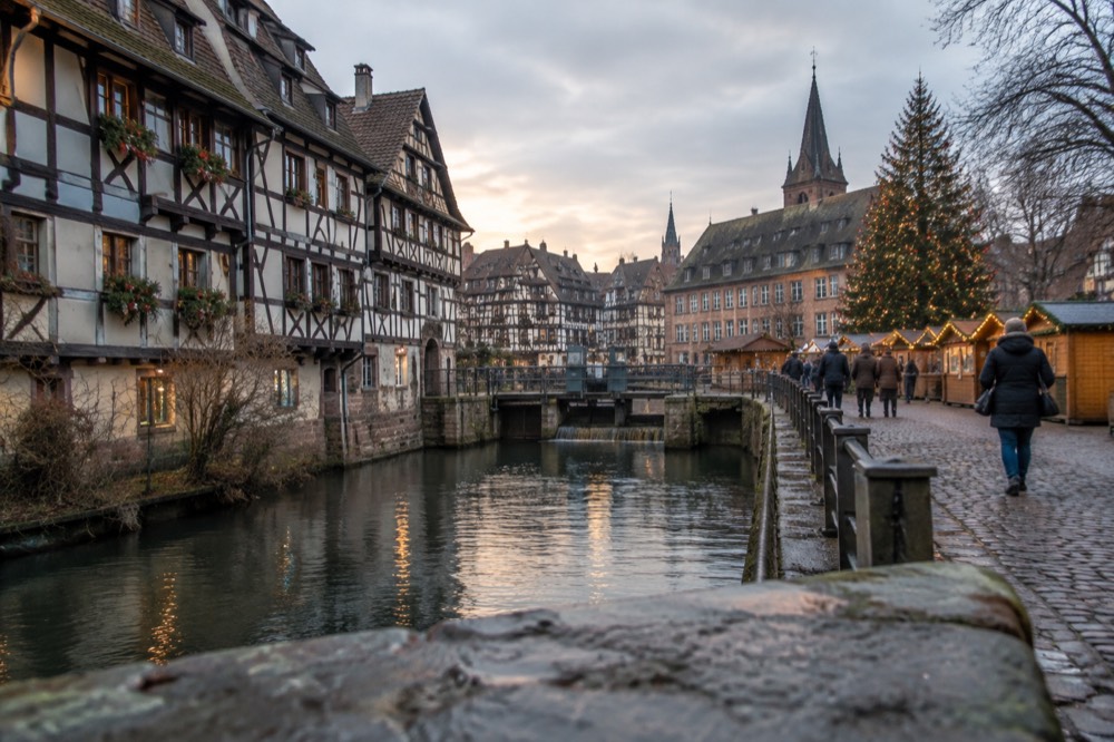 Christmas market chalets and a large decorated tree beside a historic square at dusk