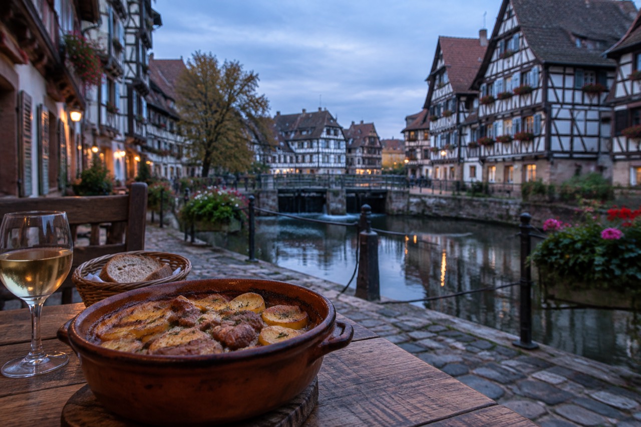 A clay casserole dish of baeckeoffe with layered potatoes and meat on a rustic wooden table