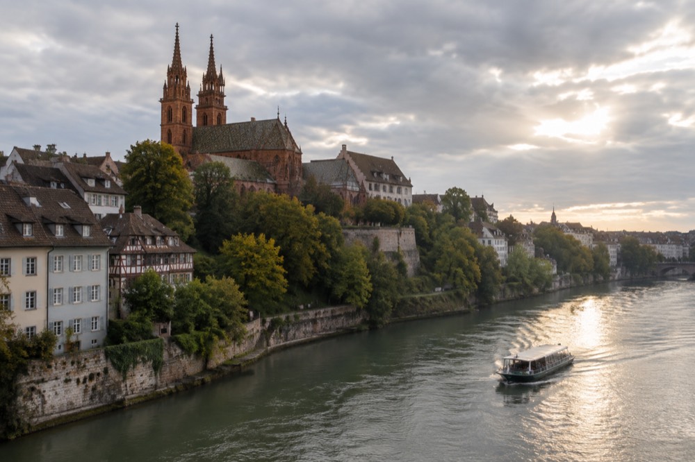 A boat gliding along a tree-lined river between old stone buildings in the evening light