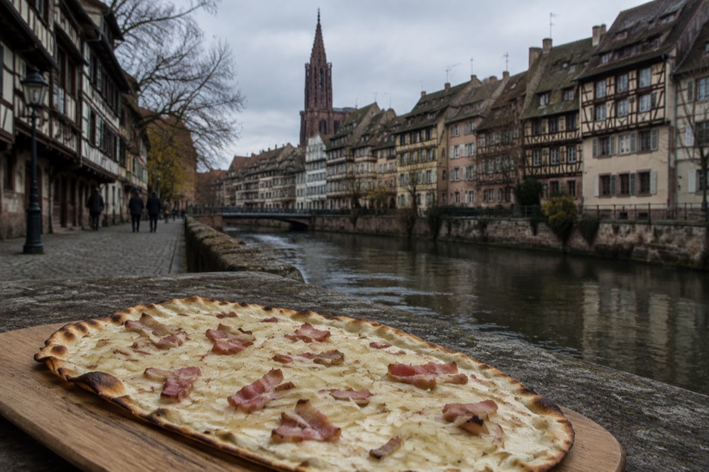 A thin tarte flambée with cream, onions and bacon on a wooden board