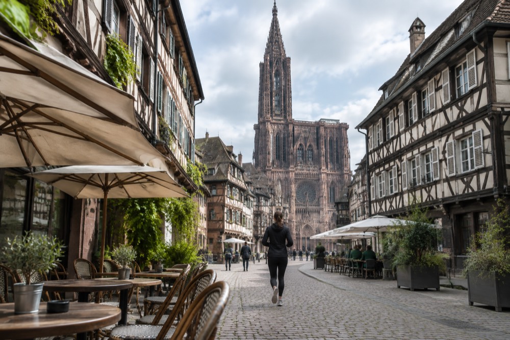 A dining terrace on a cobbled street of half-timbered houses in central Strasbourg
