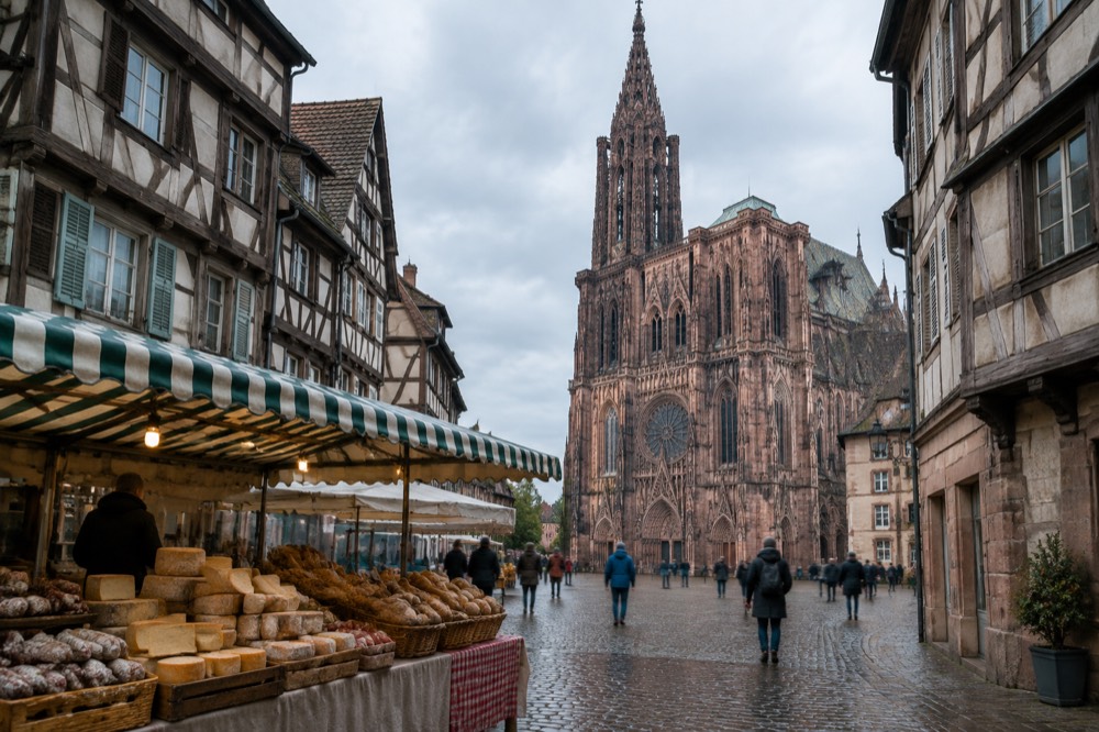 A market stall with regional cheeses, breads and charcuterie under a striped awning in Strasbourg
