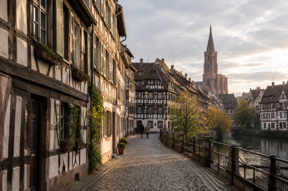 A quiet lane of half-timbered houses in the Grande Ile on a calm morning