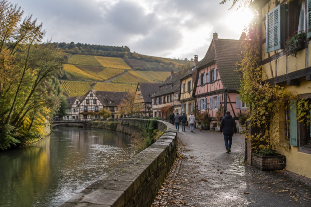 Vineyard slopes on the Alsace wine route in autumn colour