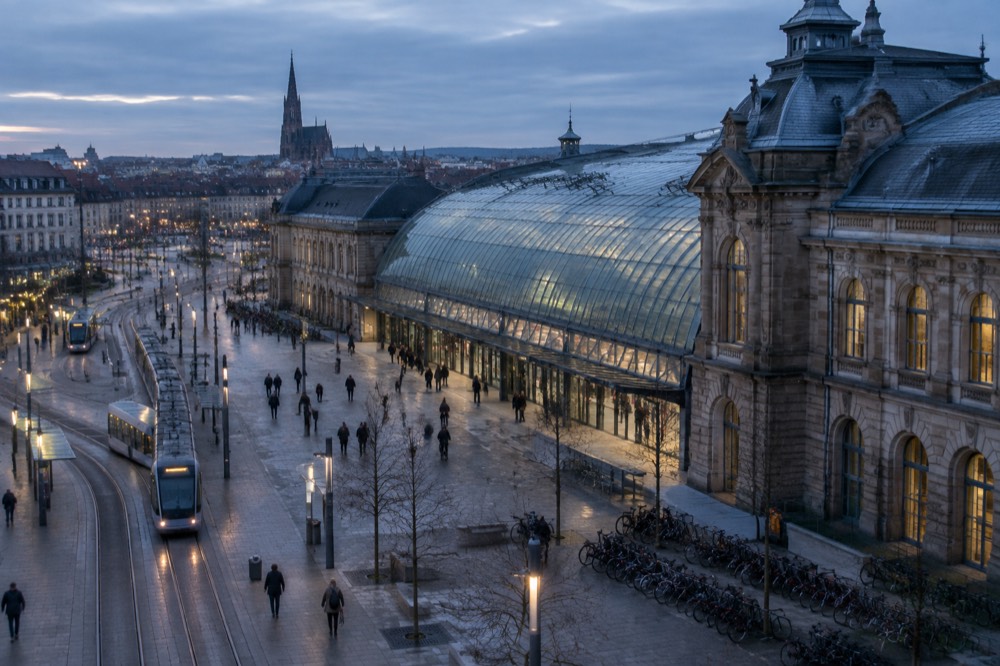 The interior of a Paris railway station with a vaulted glass roof and departure boards