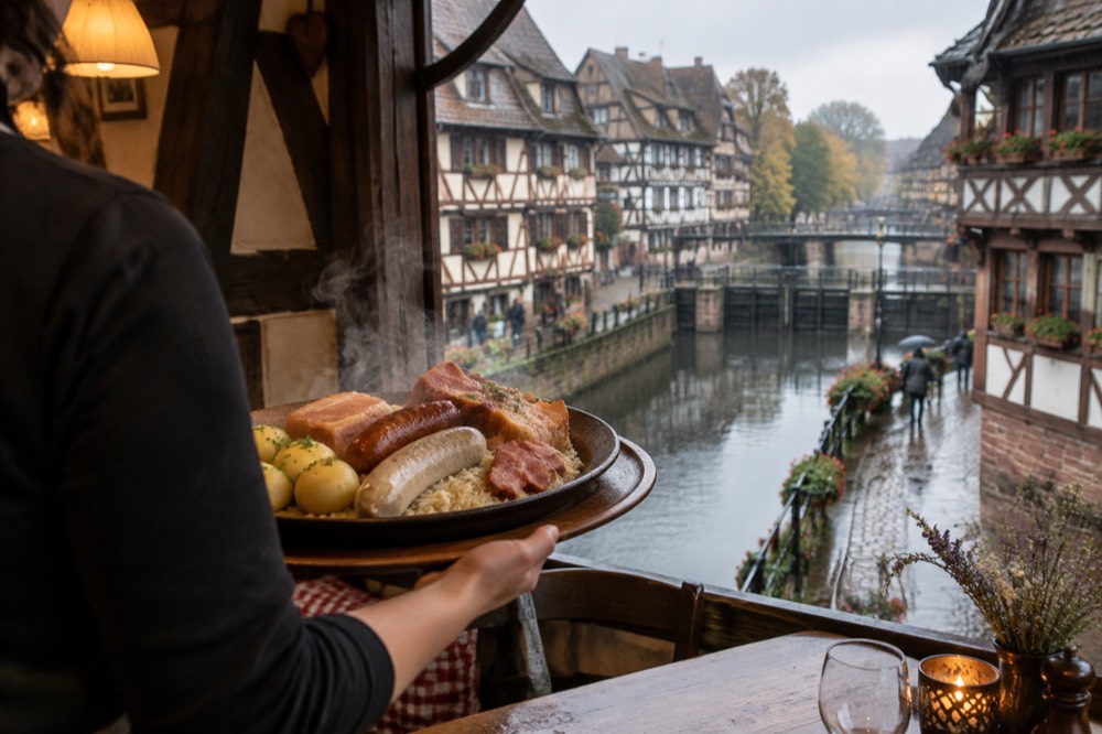 A steaming platter of choucroute garnie being carried to a table in a small Alsatian winstub with half-timbered decor