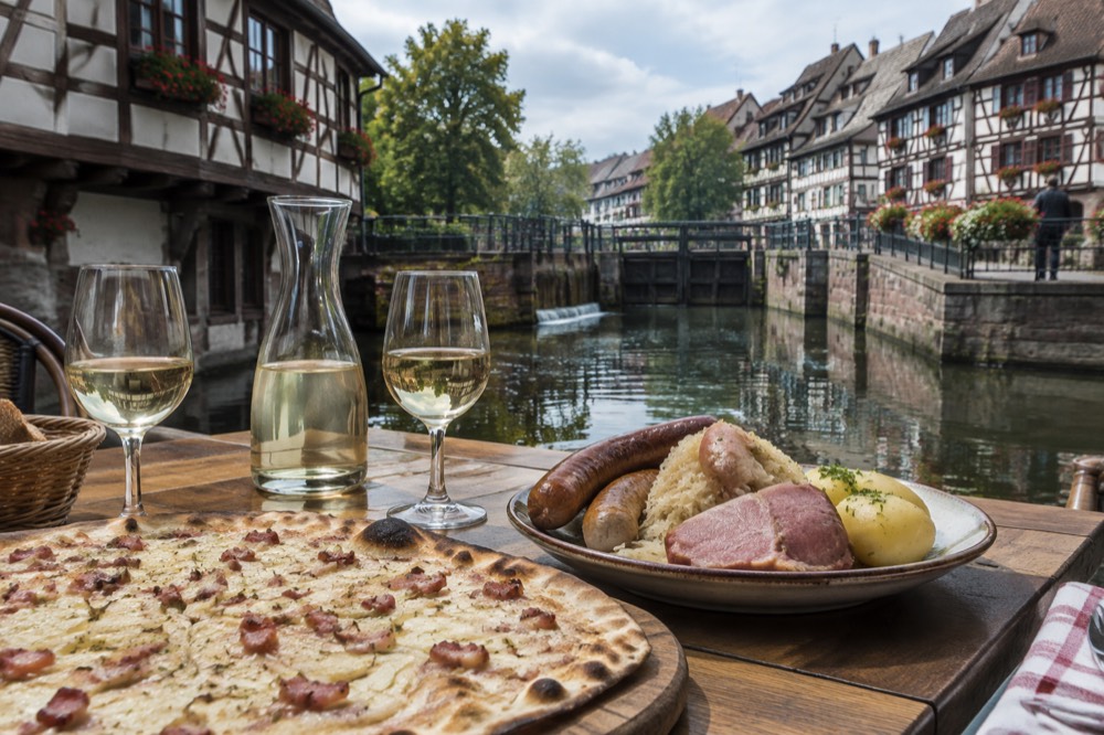 A winstub table set with a tarte flambée, a choucroute platter and carafes of white wine