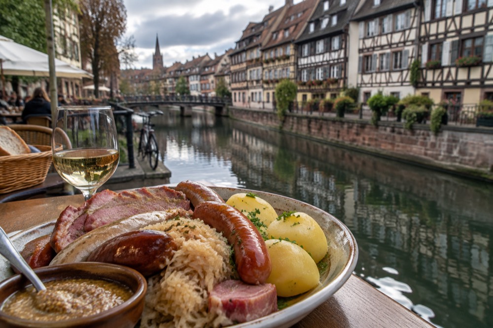 A close-up of grainy Alsatian mustard, boiled potatoes and sausages being served from a choucroute platter