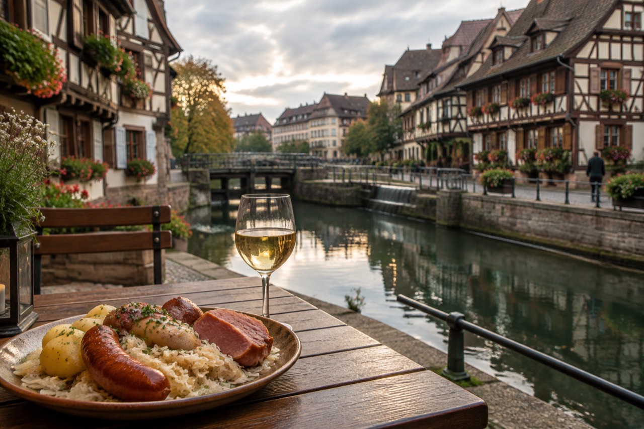 A plate of choucroute garnie with sauerkraut, sausages and pork beside a glass of Alsatian white wine on a wooden winstub table