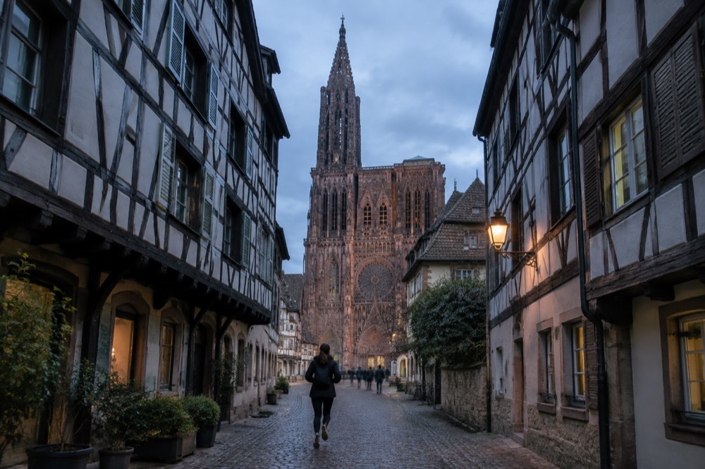 Half-timbered houses above a narrow cobbled street in central Strasbourg