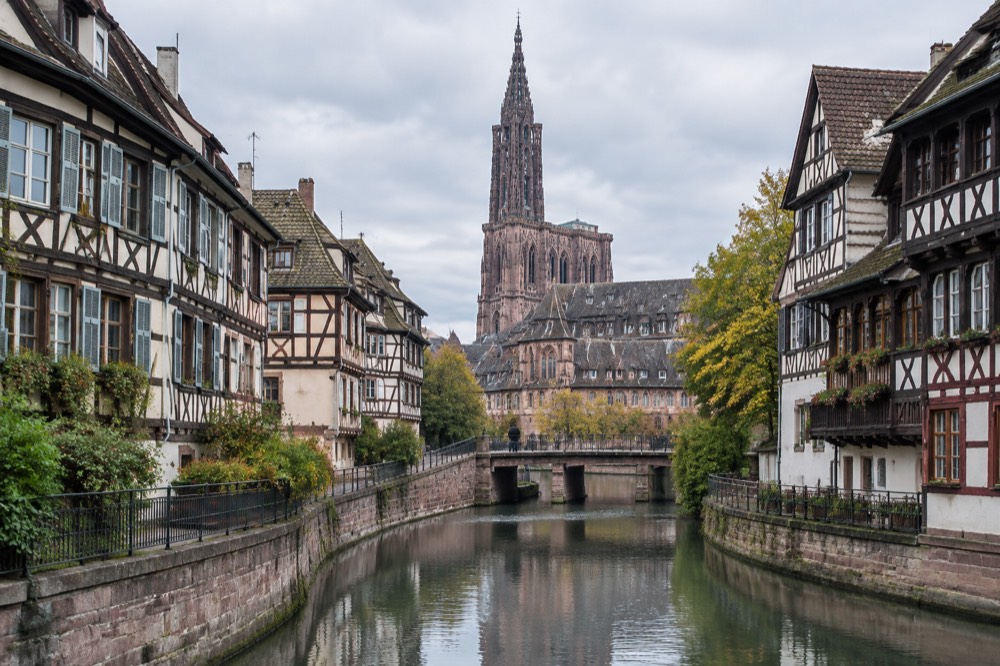 Half-timbered houses along a canal in an old Strasbourg quarter