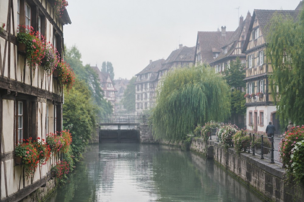 Flower-lined canal in Petite France with weeping willows and old timbered buildings