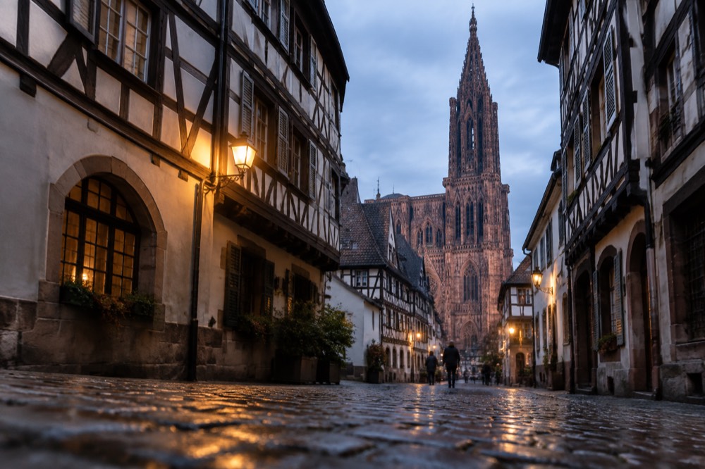A narrow half-timbered street in the historic centre of Strasbourg with wet cobblestones