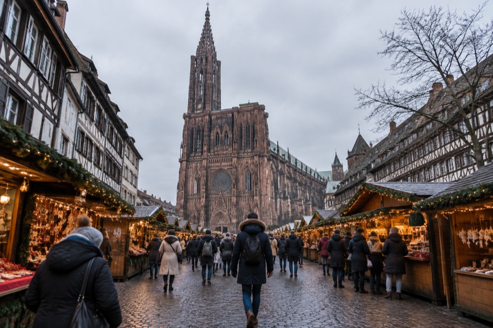 Crowded Christmas market stalls with lights in Strasbourg
