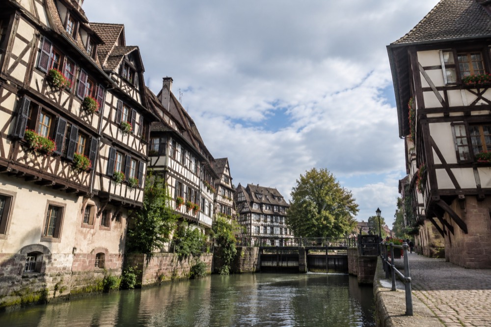 Half-timbered houses along a canal in the Petite France quarter of Strasbourg