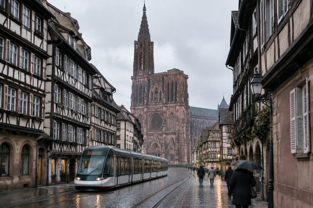 A tram passing timbered buildings on a Strasbourg street