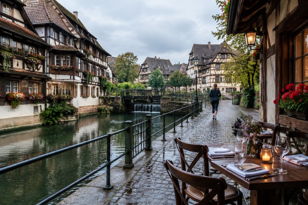 A restaurant table set for dinner in a traditional Alsatian winstub