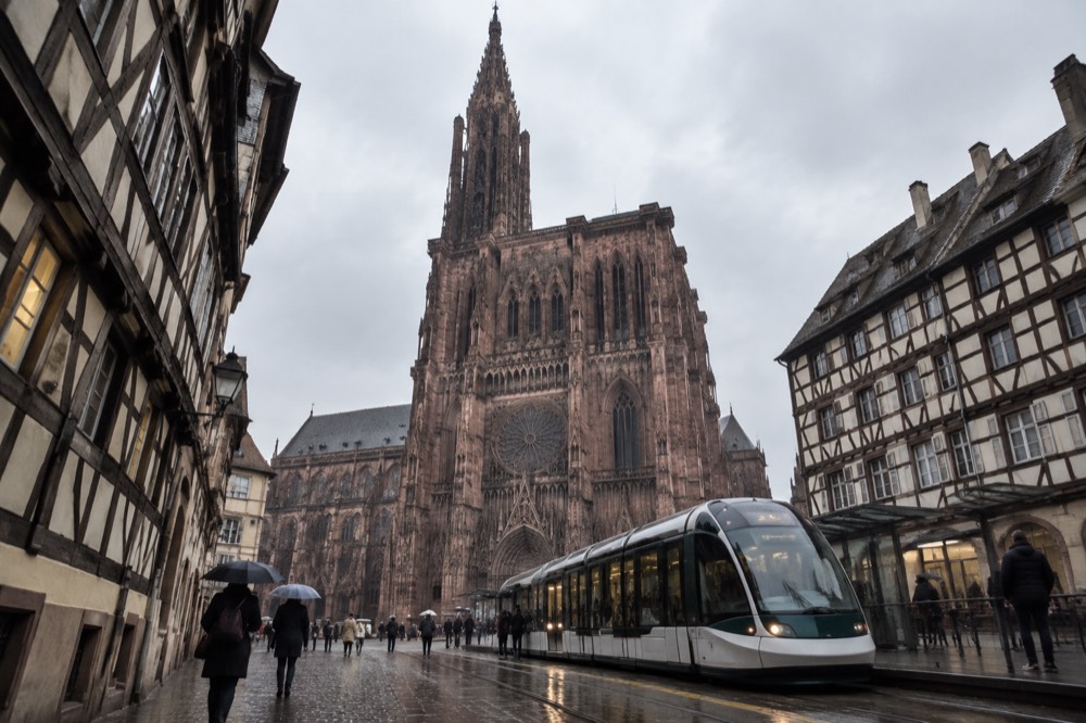 A modern tram at a stop in central Strasbourg