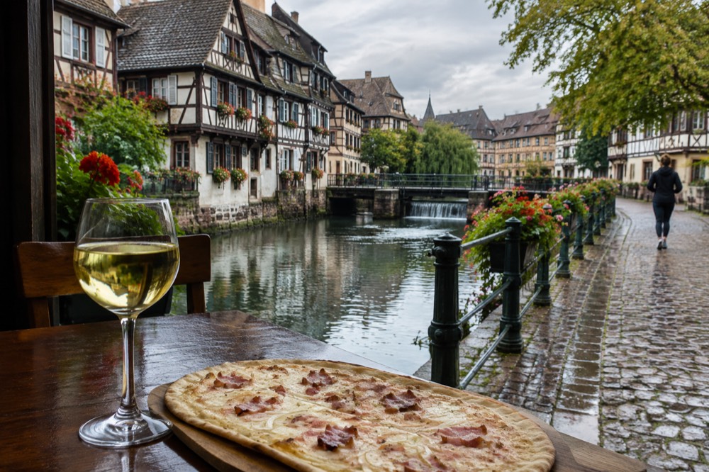 A glass of Alsace white wine beside a tarte flambee on a winstub table