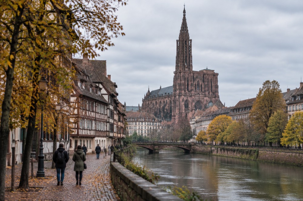 Autumn trees along the River Ill with the cathedral visible in the distance