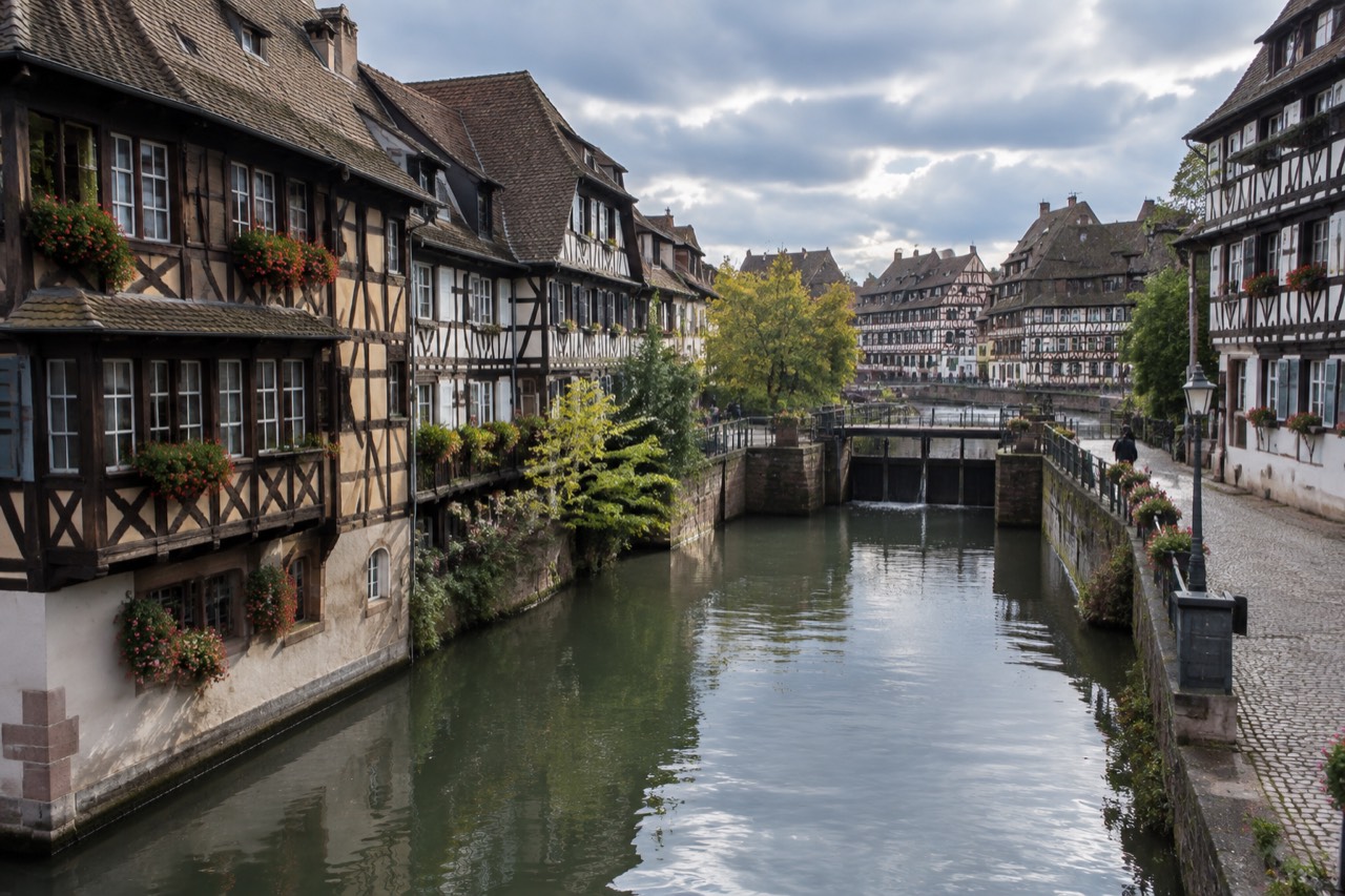 Half-timbered houses along a canal in the Petite France quarter of Strasbourg