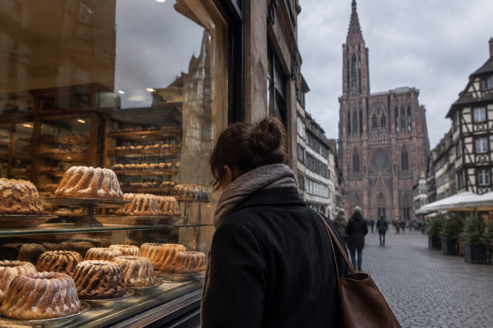 A customer choosing a kougelhopf from a display of ring cakes in a Strasbourg bakery window